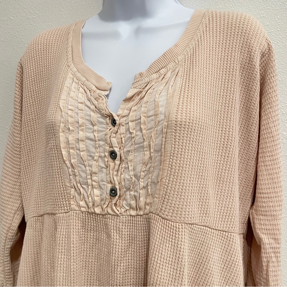 Free People Beige Waffle Knit Henley Thermal Tiered Mini Dress Boho Long Sleeve - Picture 3 of 8